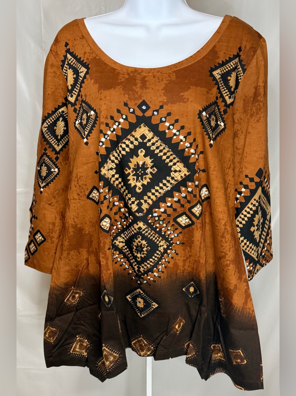 Collections Etc Boho Aztec Tunic Top Medium Brown Western Studded